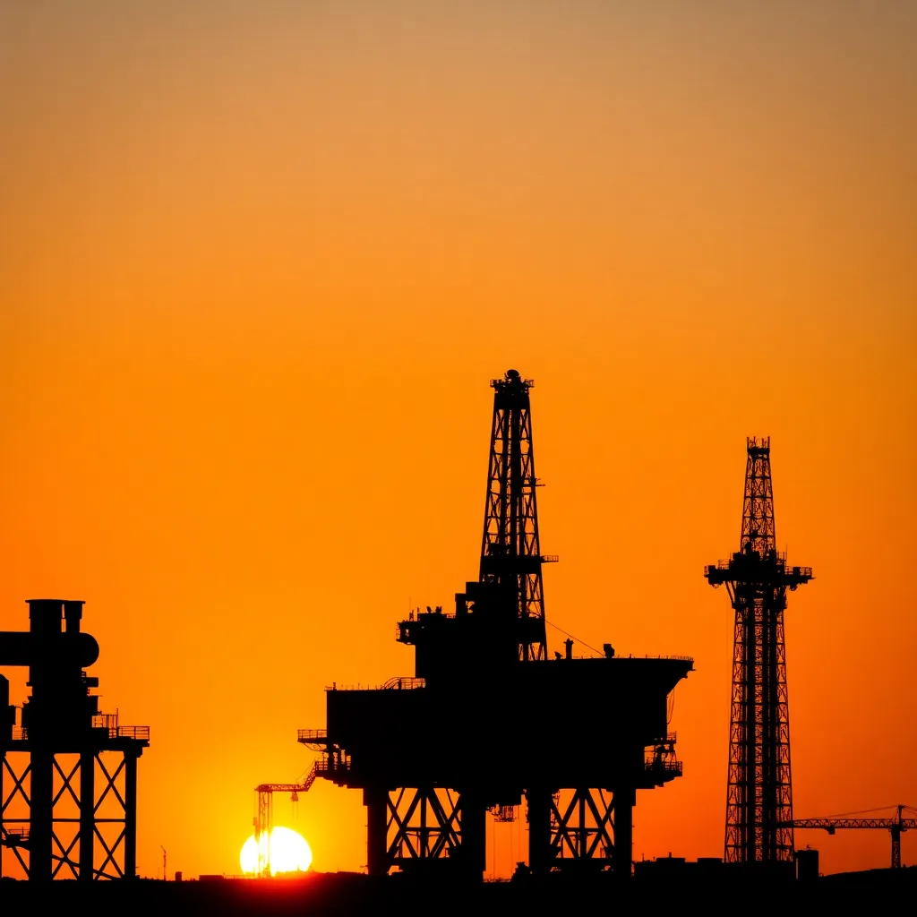 Silhouette of oil rigs and industrial structures against an orange sunset sky